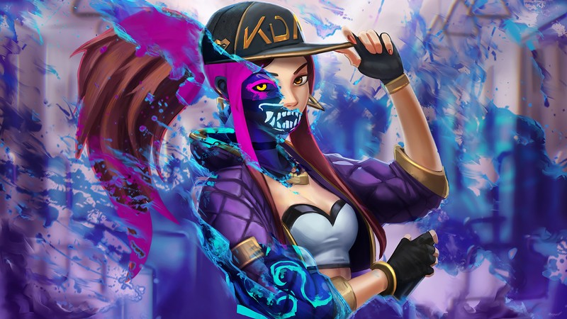 Женщина в фиолетовом наряде с бейсбольной битой (акали, akali, lol, league of legends, видеоигра)