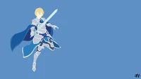 Eugeo from Sword Art Online: Alicization in a minimalist design, poised with a sword against a blue background.