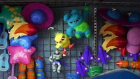 Buzz Lightyear with Bunny and Ducky Surrounded by Colorful Toys