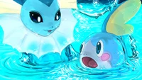 Sobble und Vaporeon spielen in einer funkelnden Wasserszene