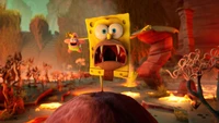 SpongeBob SquarePants and Patrick in a vibrant, fiery landscape from "The Cosmic Shake" video game.