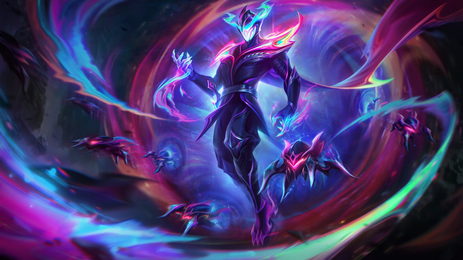 Un homme en costume noir avec une lumière violette et bleue brillante (empyrean, malzahar, peau, league of legends, jeu vidéo)