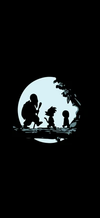 Silhouette von Goku und Freunden unter einem mondbeschienenen Kreis