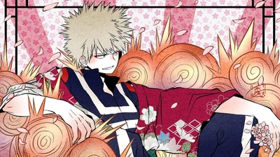 Katsuki Bakugo em um quimono vibrante, cercado por designs florais explosivos e pétalas de flores de cerejeira.