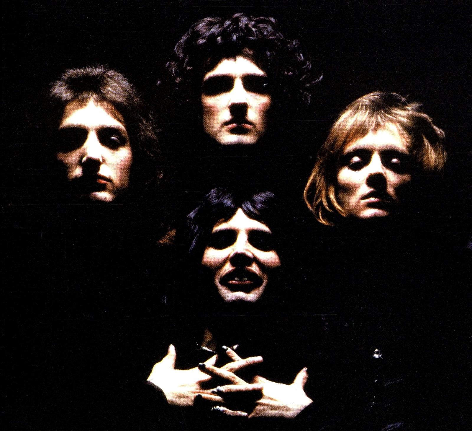 Arafed photograph of a group of people posing for a picture (freddie mercury, queen, bohemian rhapsody, brian may, roger meddows taylor)