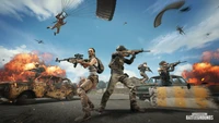 Intense Battle Scene in PUBG: Parachuting Combatants Amid Explosions