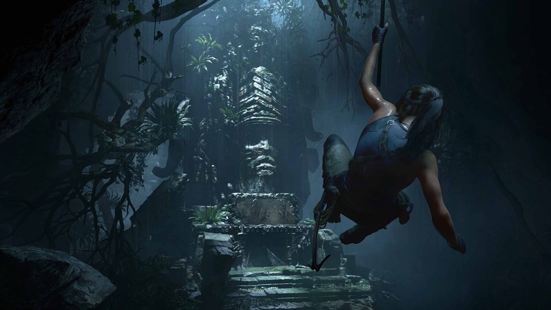 Женщина висит на дереве в темноте (тень разорителя гробниц, shadow of the tomb raider, тomb raider, tomb raider, восстание гробницы расхитителей)