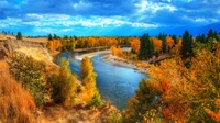 Paysage d'automne d'une rivière sinueuse entourée d'un feuillage vibrant dans une réserve naturelle.