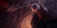 Dante poised in a dramatic descent, wielding his iconic sword amidst a dark, chaotic backdrop that echoes the intensity of the "Devil May Cry" universe.