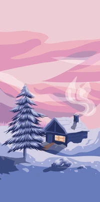 Winter Landscape with a Cozy Cabin and Evergreen Tree