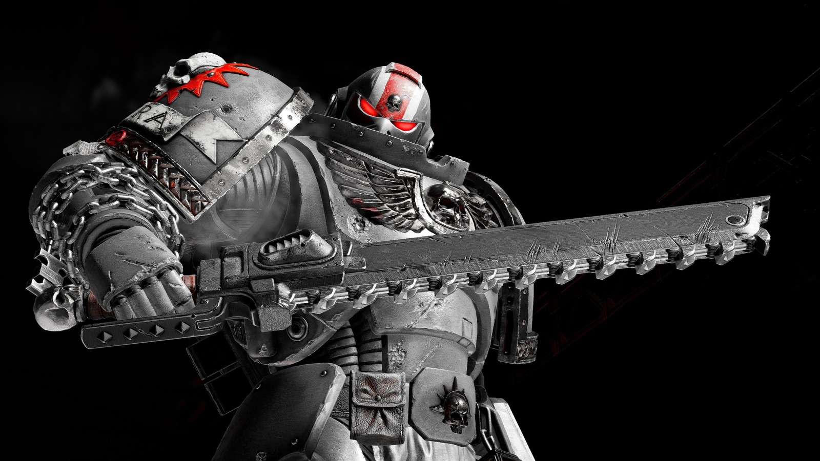 There is a man with a large knife in his hand (space marine 2, amoled, black background, warhammer 40k space marine 2, monochrome)