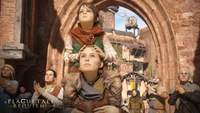 Amicia y Hugo de Rune en medio de una multitud, mostrando resiliencia y esperanza en un entorno medieval de "A Plague Tale: Requiem".