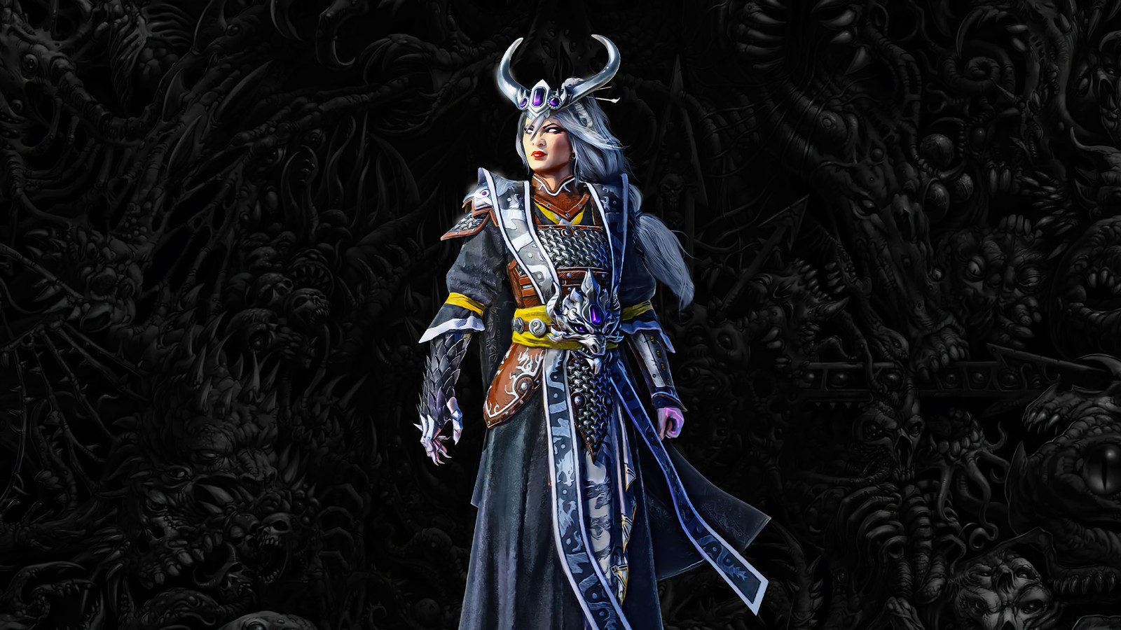 A close up of a person in a costume with a horned head (total warhammer iii, video game, total warhammer 3, miao ying)