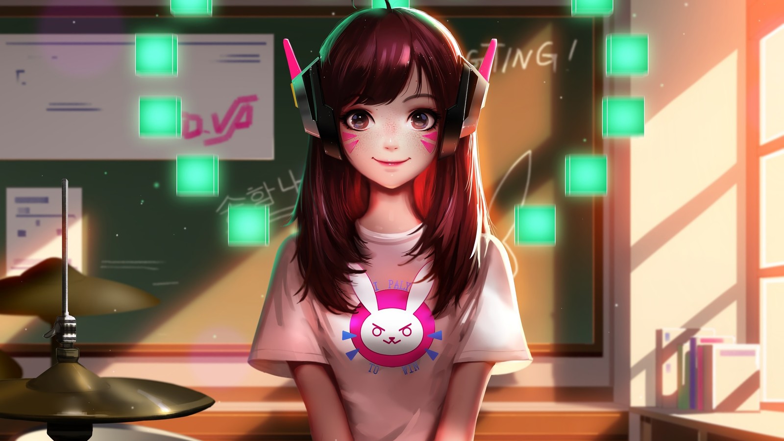 A girl with headphones and a pink shirt is sitting in front of a drum (dva, overwatch, video game)