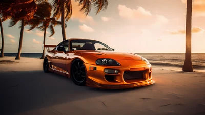 Toyota Supra MK4 Sonnenuntergang am Tropischen Strand