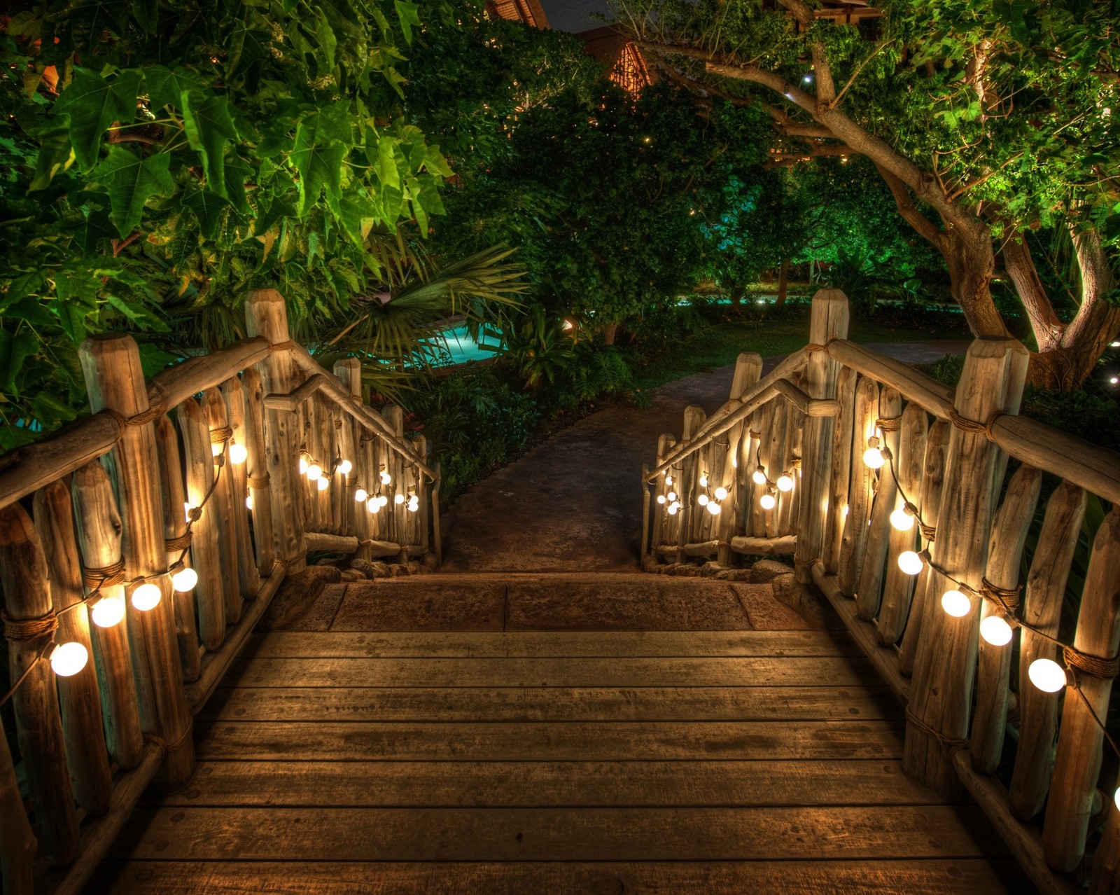 Un puente de madera con luces que lleva a una piscina (puente, vela, bosque, ligero, de madera)