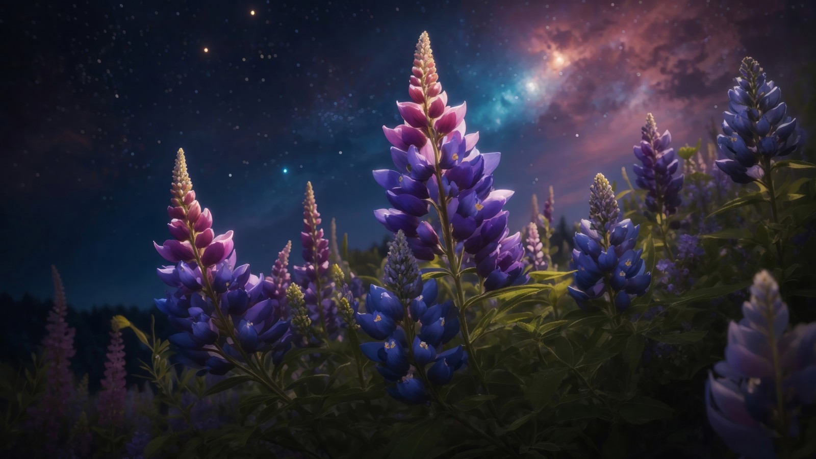 Purple flowers in the foreground of a starry sky (lavender, flowers, flower, night, sky)