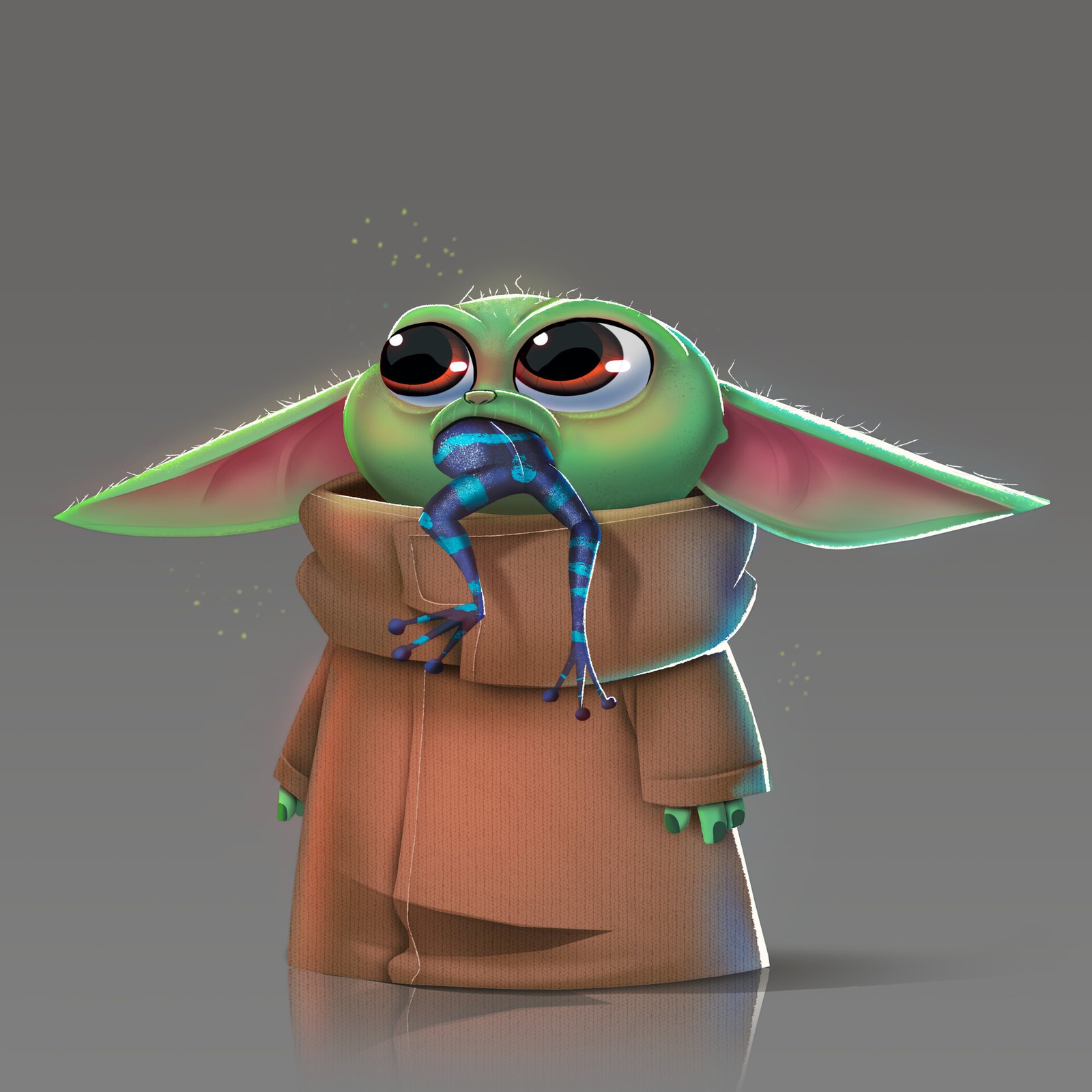 Baby yoda com uma rã na boca de artmage (bebé, desenho animado, natal, disney, coringa)