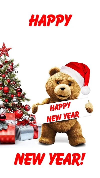 Bonne année 2019 avec un ours festif et un sapin de Noël