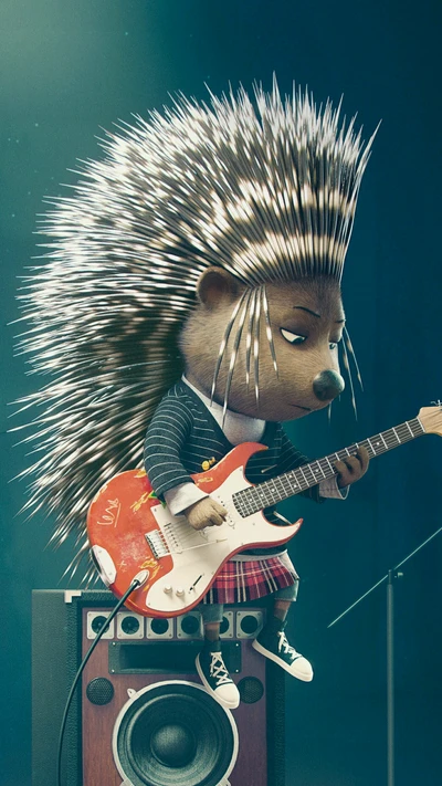 Hedgehog Rock Star: A Quirky Anime Character Jamming on a Guitar