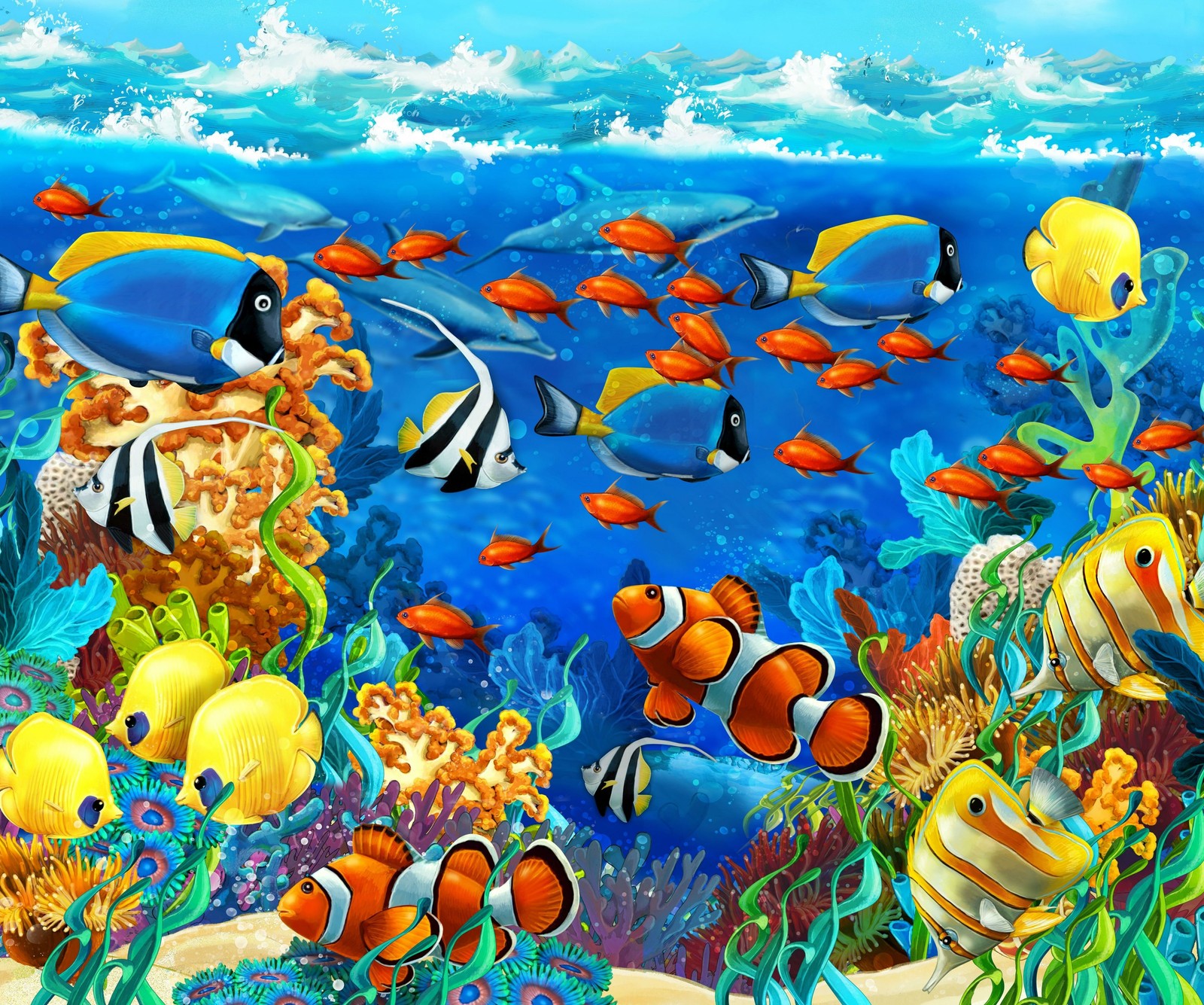 Escena de océano de dibujos animados con peces y corales (peces, nemo, océano, pintura, mar)