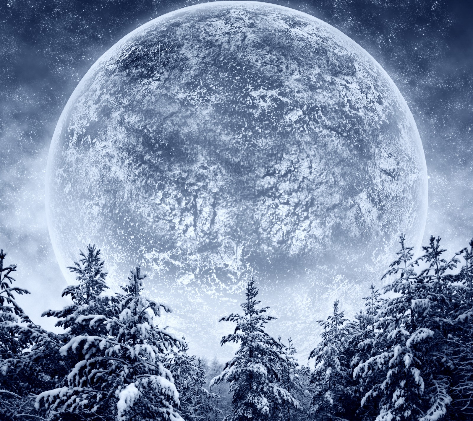 Une lune bleue au-dessus d'une forêt enneigée avec des arbres et de la neige (incroyable, lune, nature, nuit, neige)