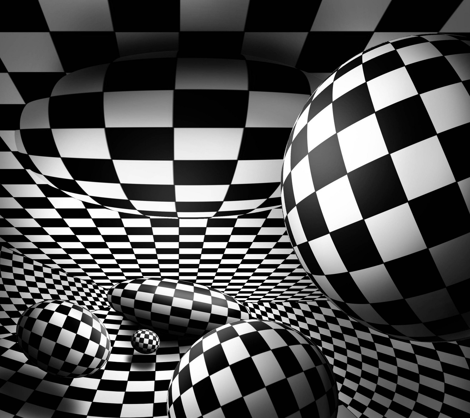 Un primer plano de un fondo a cuadros blanco y negro con tres esferas (abstracto, bolas, negro, orbe, patrón)