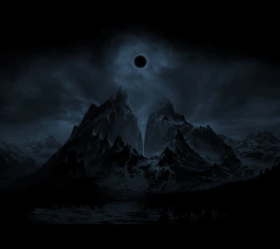 Moonlit Darkness: Eclipse Over Mountain Peaks