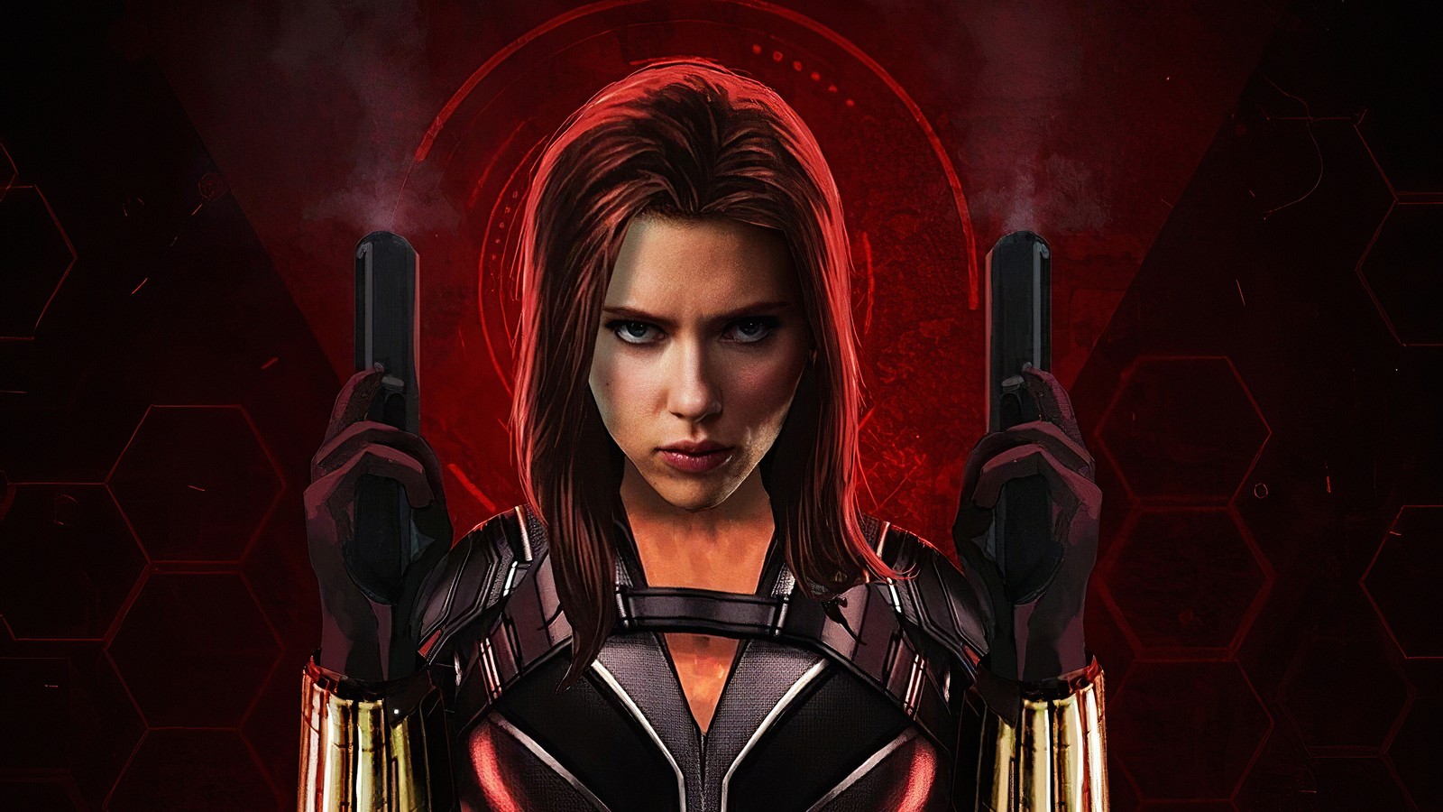 Una mujer en un traje negro sosteniendo dos armas en sus manos (viuda negra 2020, black widow 2020, película, natasha romanoff, viuda negra)