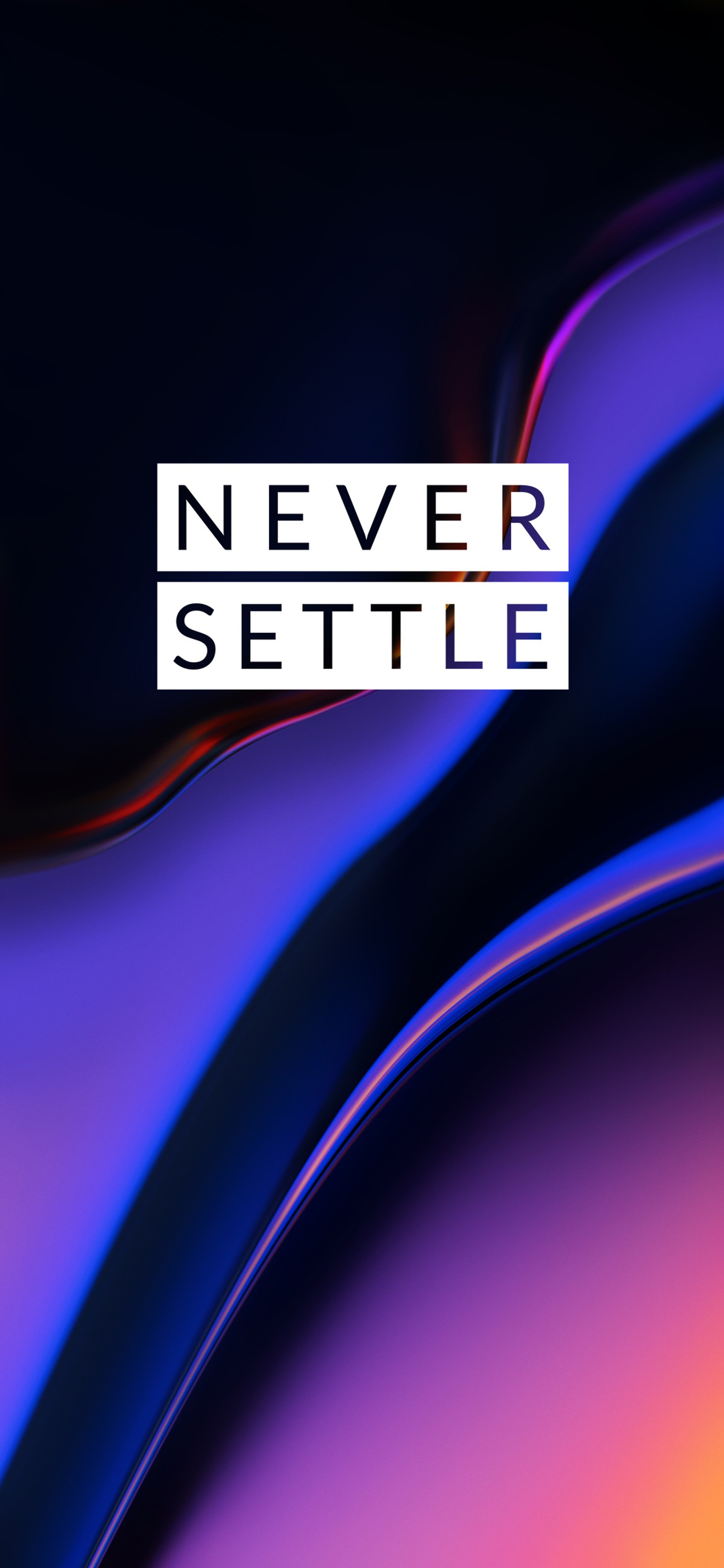 Un primer plano de un teléfono celular con un fondo morado y azul (oneplus, 6t, ns3, never settle, neversettle)