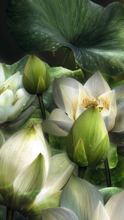 Flores de Loto 3D con hojas besadas por el rocío