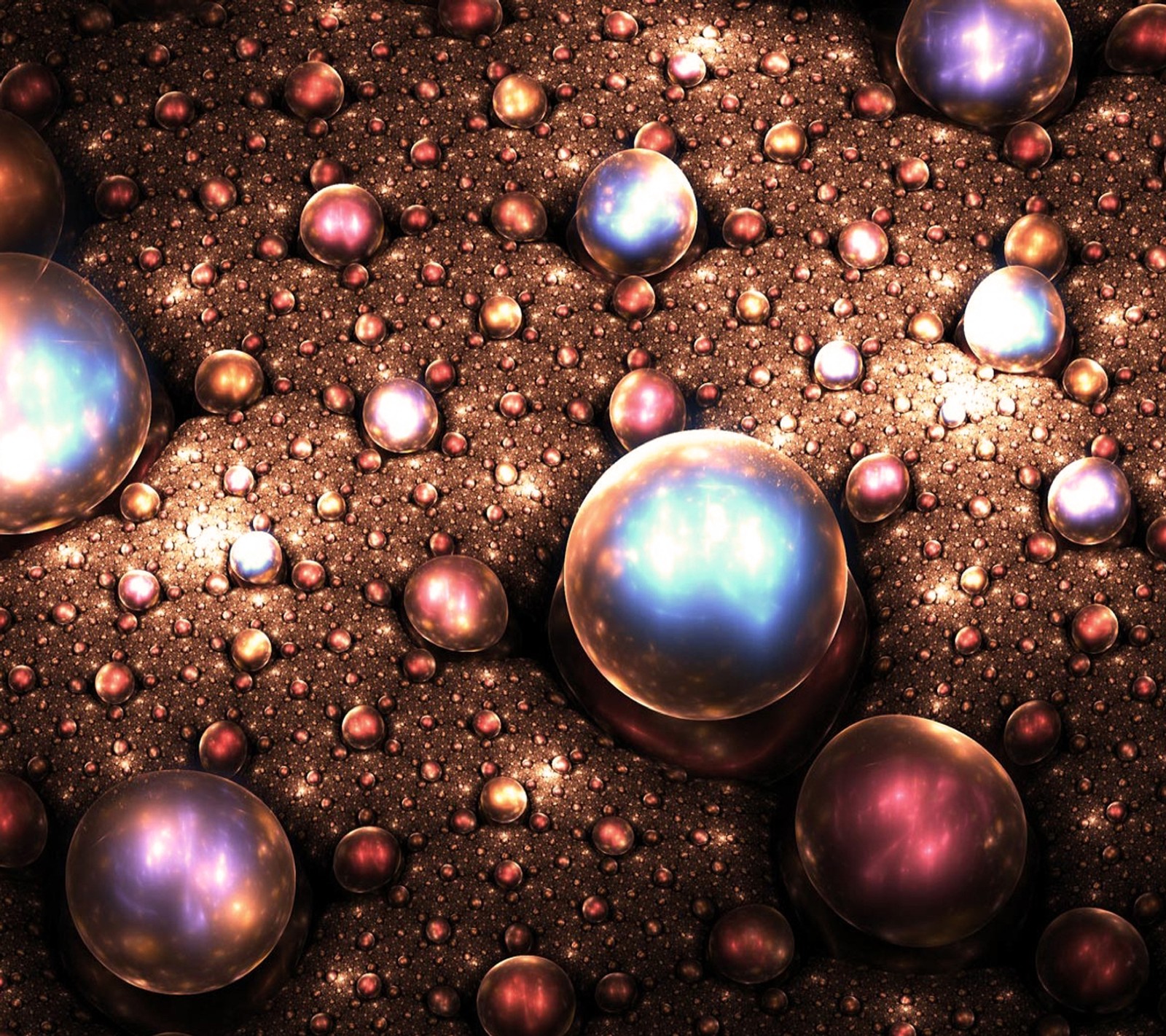 Un gros plan d'un tas de boules brillantes sur une surface noire (or, perle, riche)