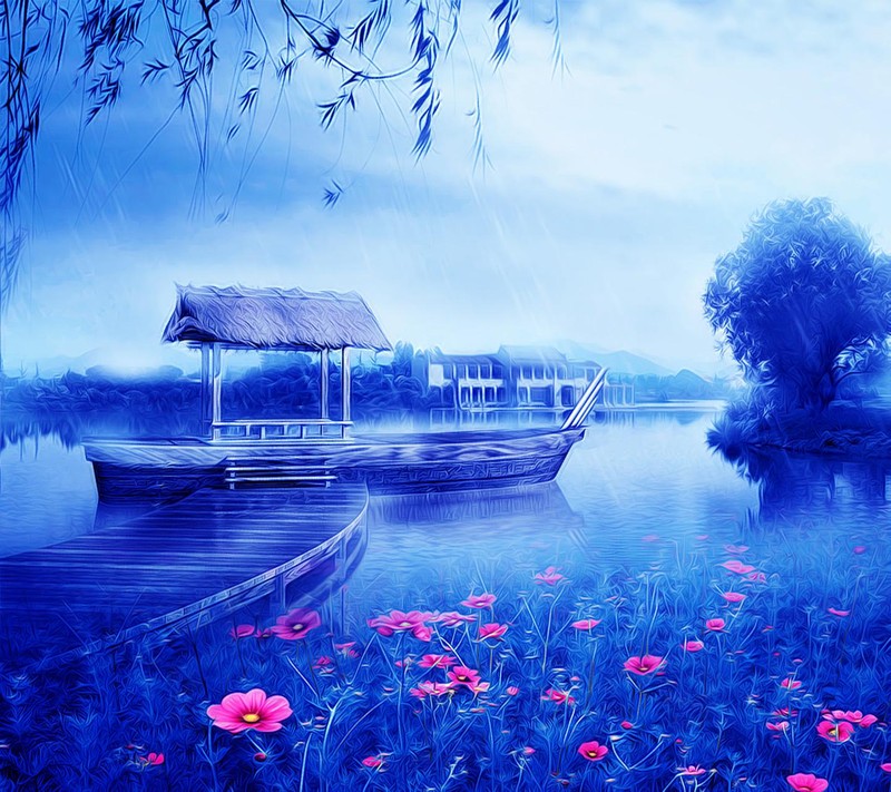 Painting of a boat on a lake with flowers in the foreground (landscape, wallpaper)