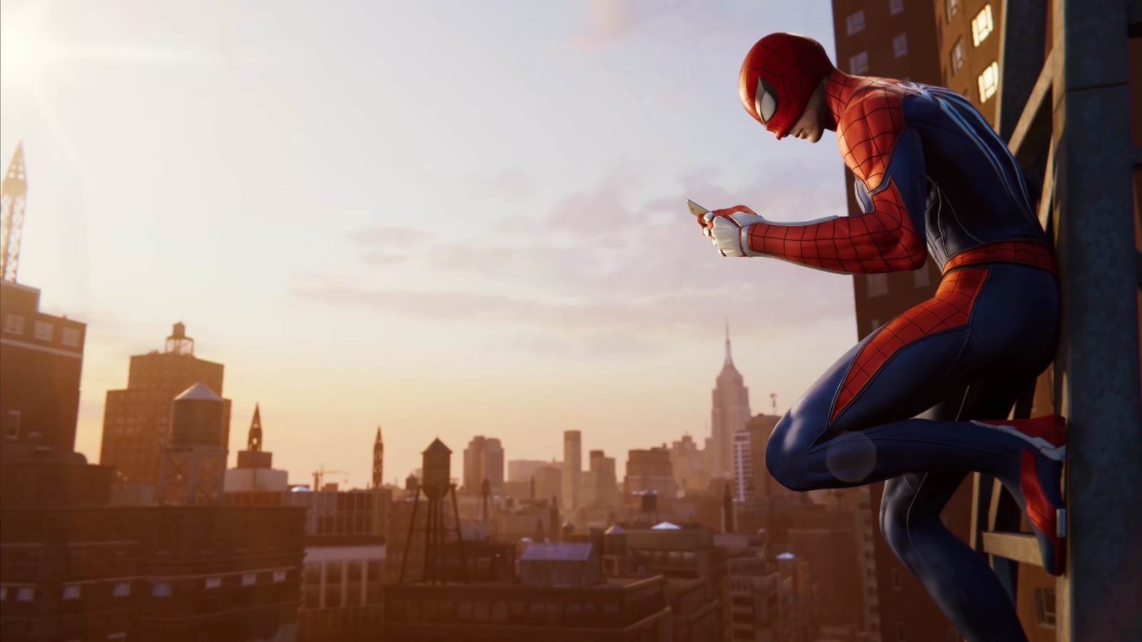 Spider-man sur un rebord dans une ville avec un paysage urbain en arrière-plan (ps4, spiderman, spider man ps4, spiderman ps4)