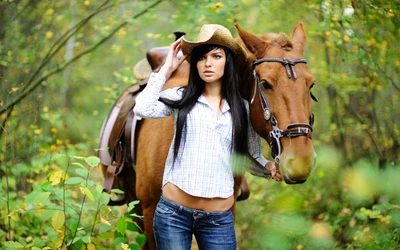 Vaquera segura de sí misma con su caballo en un bosque frondoso