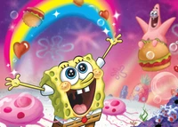 SpongeBob e Patrick alegres sob um arco-íris com corações e bolhas