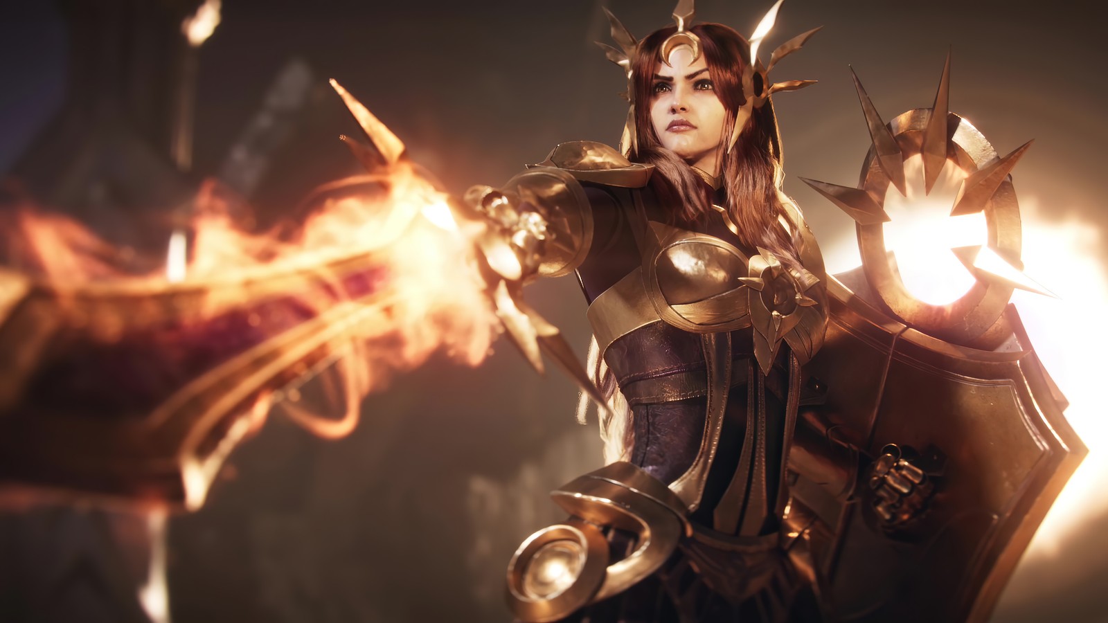 Eine frau in rüstung, die ein schwert und feuer hält (leona, league of legends, videospiel, saison 2022, season 2022)