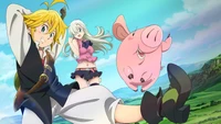 Meliodas, Elizabeth e Hawk em um momento brincalhão de Nanatsu no Taizai