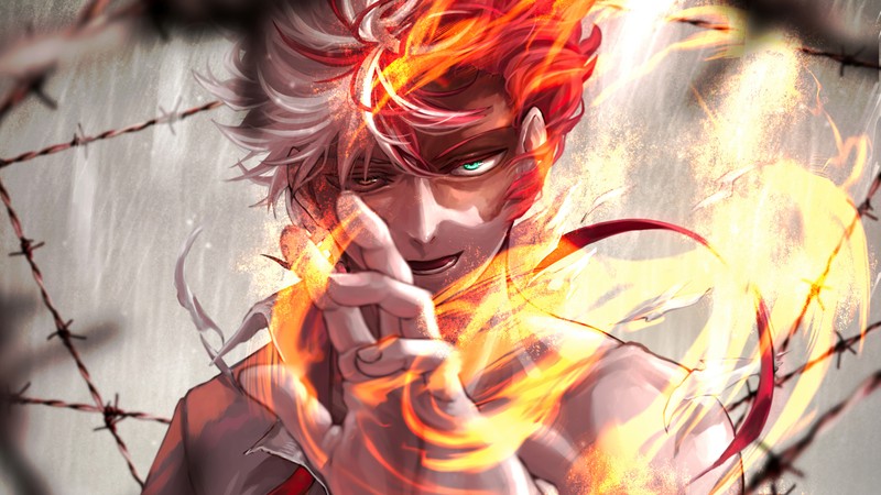 Крупный план человека с огнем на лице (shoto todoroki, пламя, 僕のヒーローアカデミア, my hero academia, боку но хиро академия)