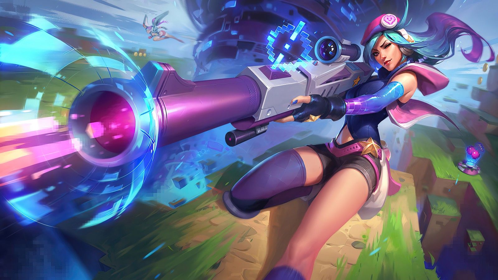 A woman in a purple outfit holding a purple gun (arcade, caitlyn, update, league of legends, lol)