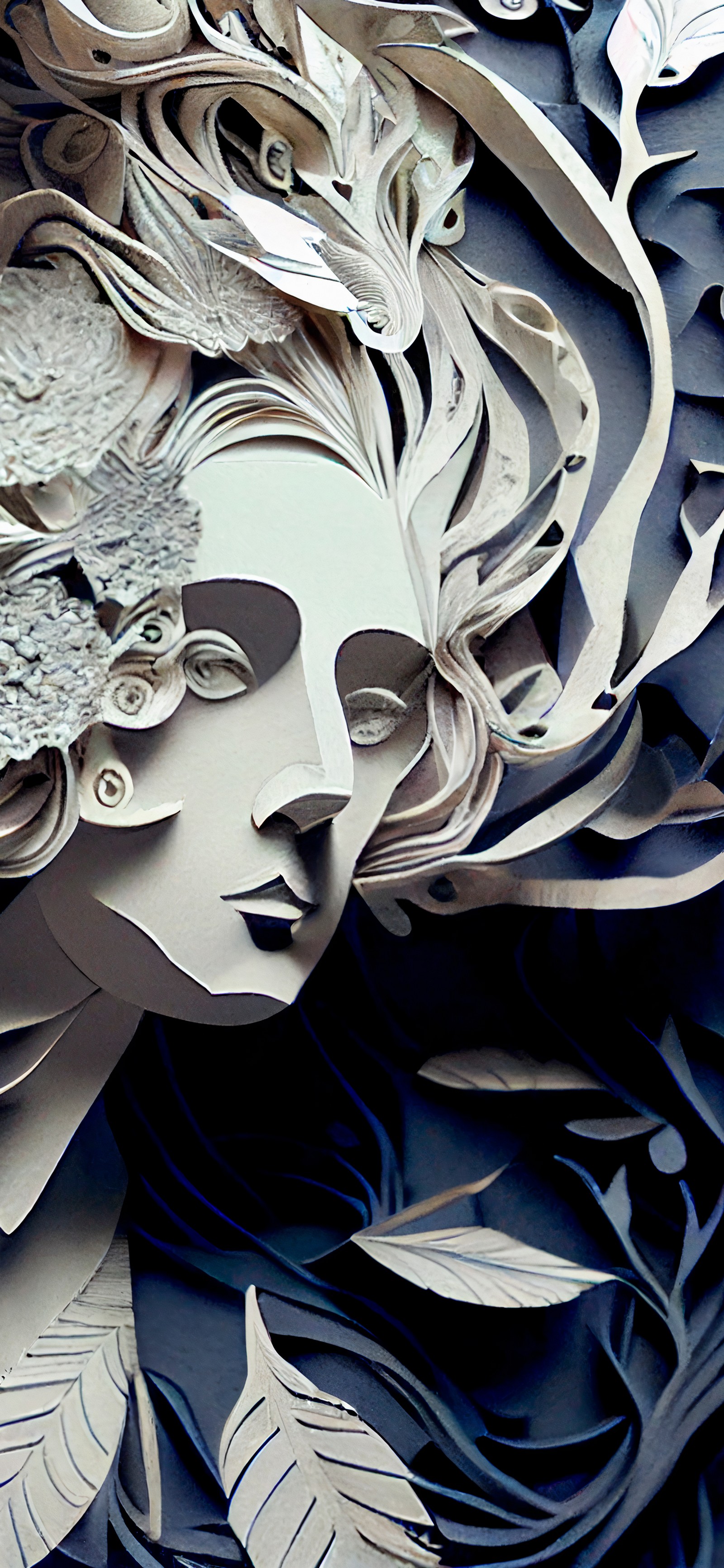 There is a large paper cut of a woman with a bird on her head (design, visual arts, portrait, illustration, art)