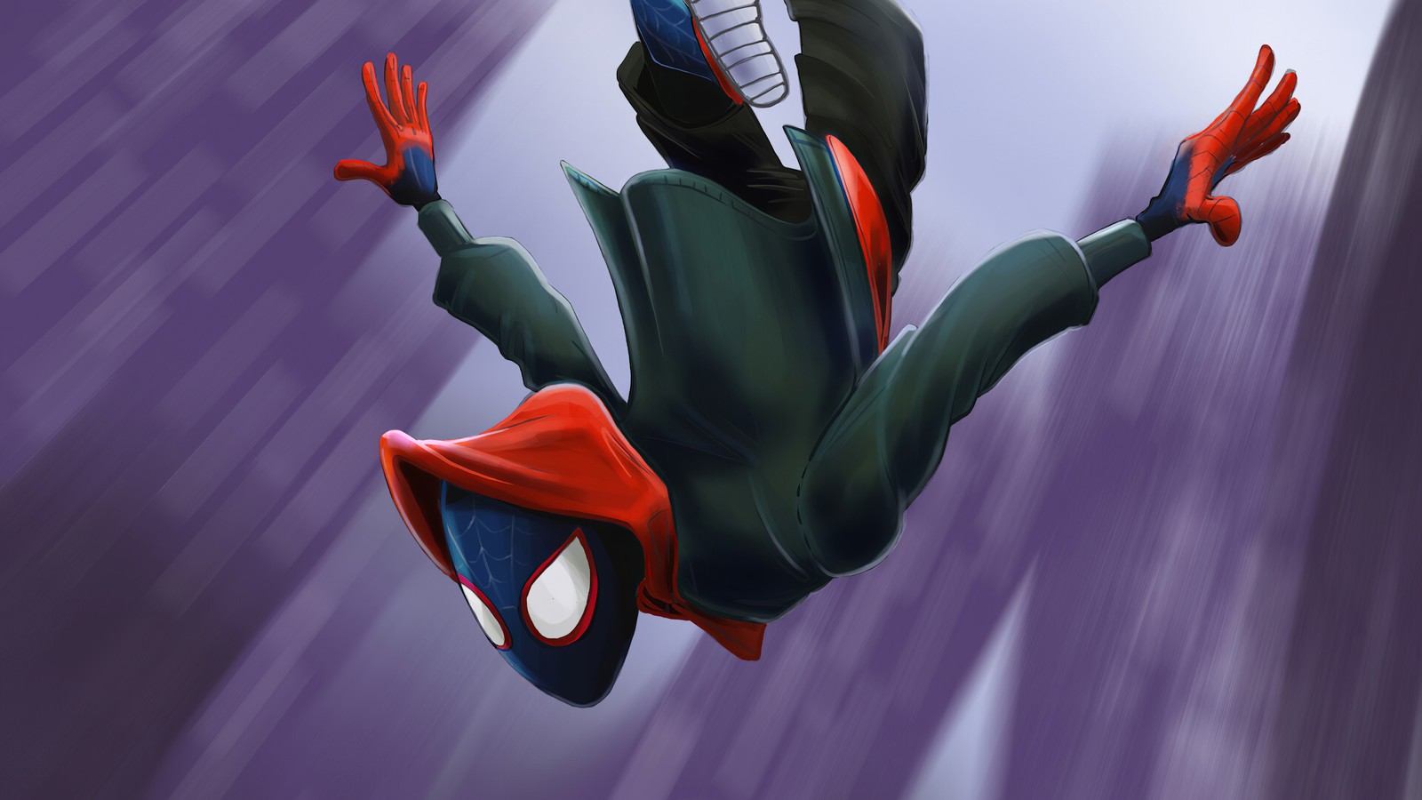 Homme araignée en costume volant dans les airs (miles morales, spider man, bandes dessinées, marvel comics)