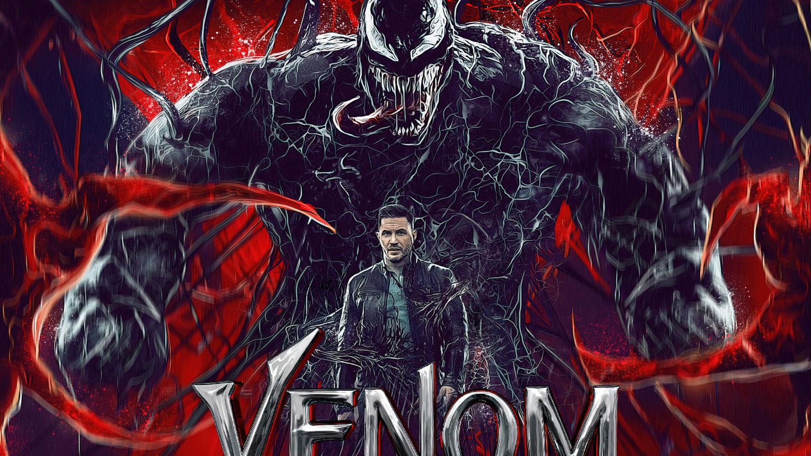 Póster de la película venom con un hombre de pie frente a un venom gigante (eddie brock, venom carnage liberado, venom let there be carnage, marvel, película)