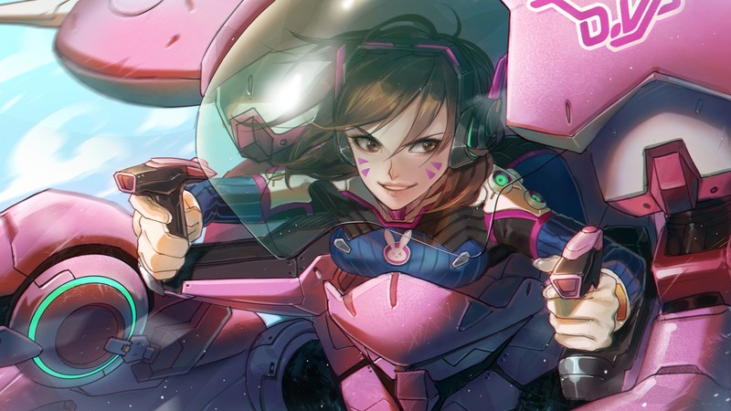 Крупный план женщины в розовом костюме, держащей пистолет (dva, overwatch, видеоигра)