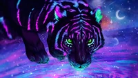 Lebendige digitale Kunst eines mystischen weißen Tigers vor einem kosmischen Hintergrund