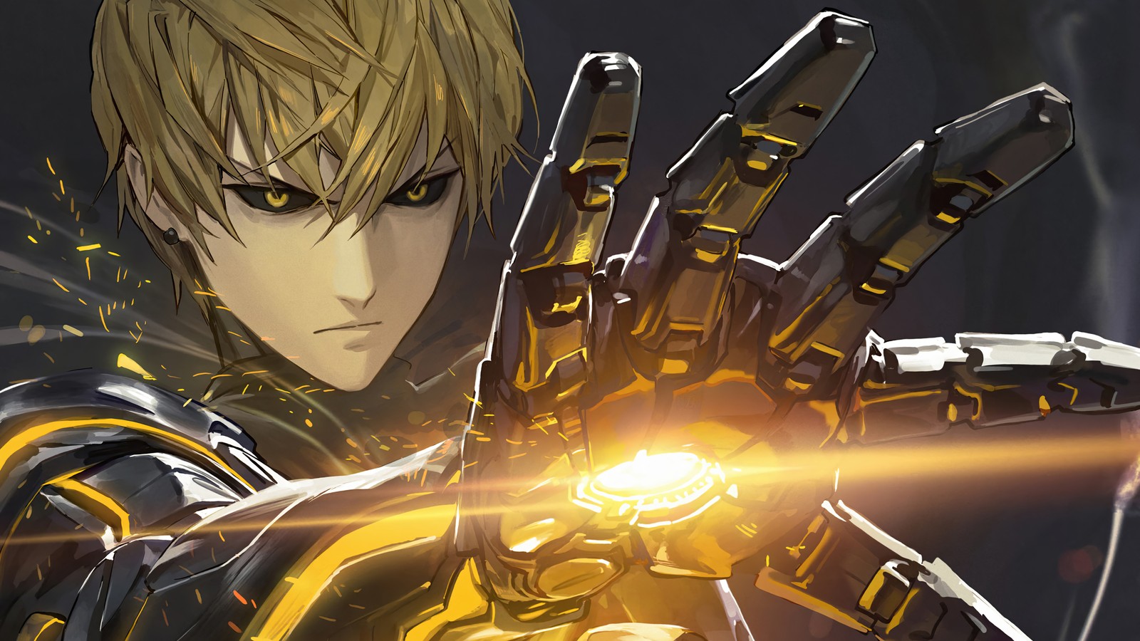 Un primer plano de una persona sosteniendo una luz amarilla (one punch man, ワンパンマン, anime, genos)