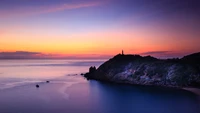 la côte, plage, coucher de soleil, phare, paysage