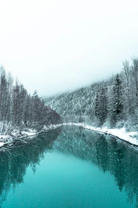 Réflexion hivernale : rivière tranquille sous un ciel enneigé