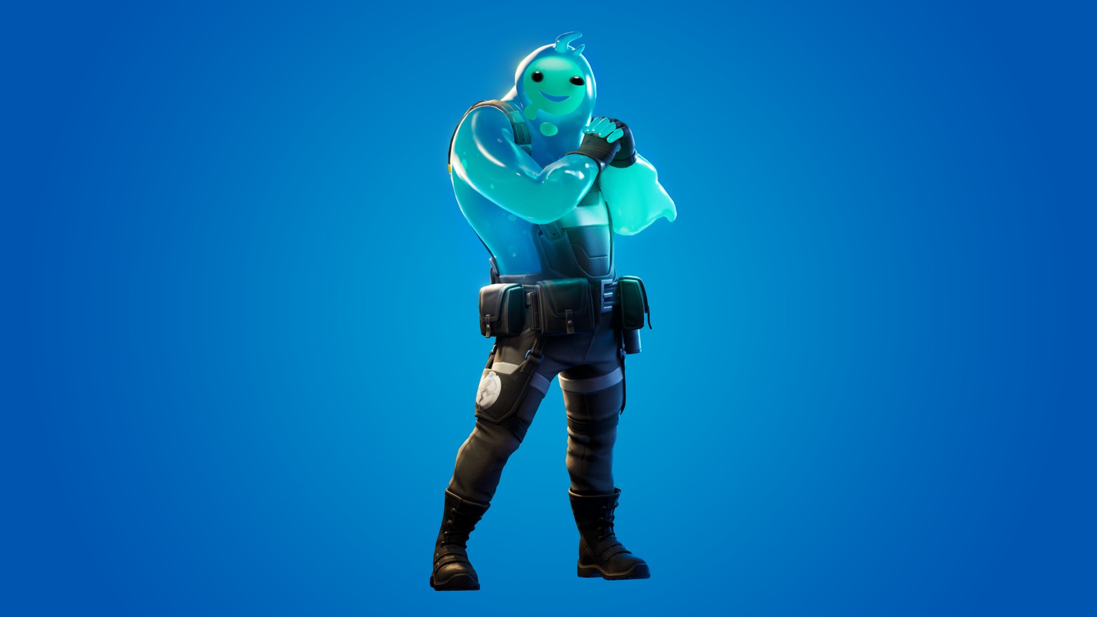 Un hombre con un traje azul sosteniendo una pistola (rippley, fortnite, fondo azul, juegos, fondo de pantalla 4k)