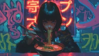 Fille d'anime appréciant des ramen dans un cadre de graffiti néon